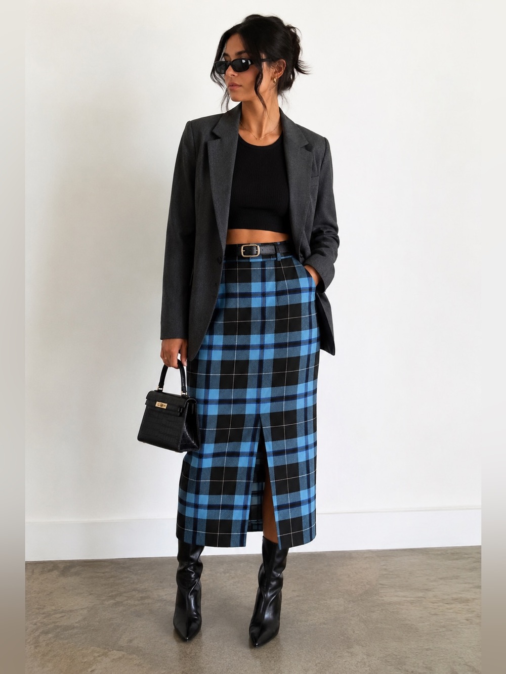 ZARA Plaid Wool Blend Midi Pencil Skirt • Size L • Blue/Black NWOT SOLD OUT